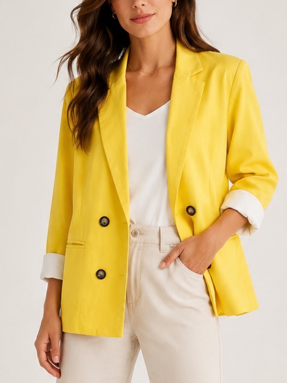 Tahari mustard yellow linen-blend double-breasted blazer large